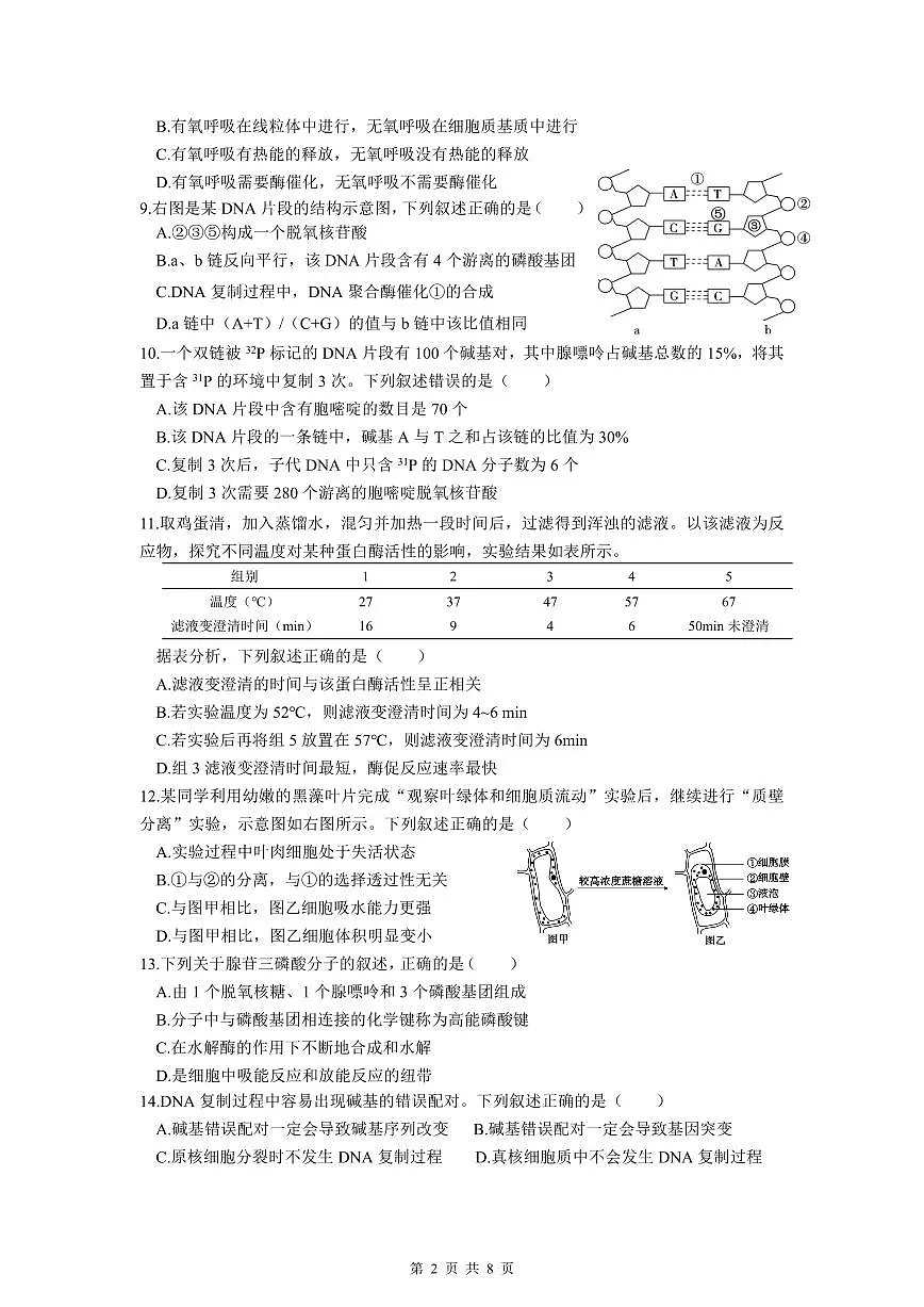 高一生物期中考(选考) 25年4月(2)第2页