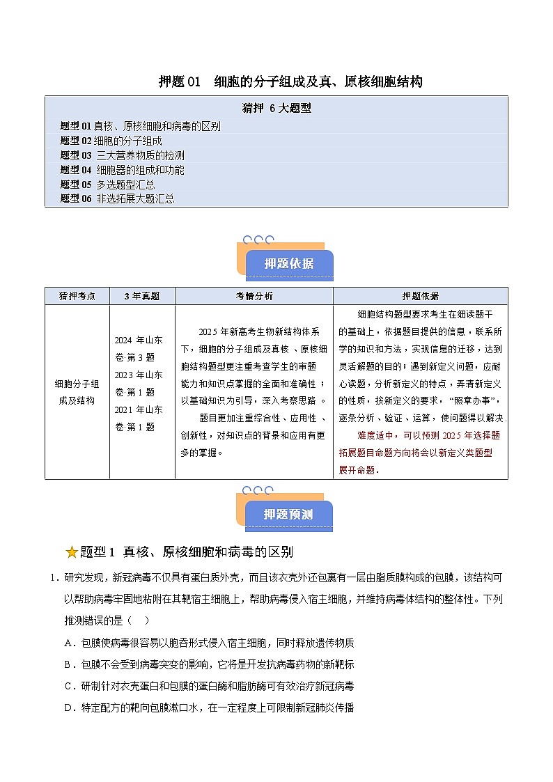 备战2025年高考生物抢押秘籍(山东专用)押题01细胞的分子组成及真、原核细胞结构(6大题型猜押)(教师版)第1页