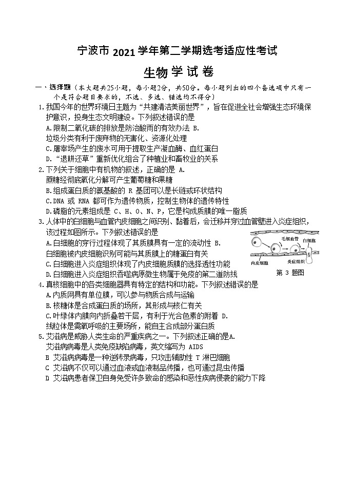 浙江省宁波市2022届高三下学期4月二模考试+生物 含答案第1页