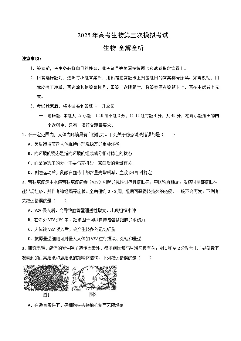 2025年高考第三次模拟考试卷:生物(福建卷)(考试版)第1页