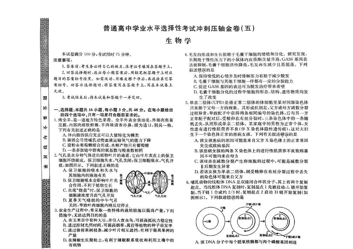2025届甘肃省金昌市金川高级中学高三一模生物试题(高考模拟)第1页
