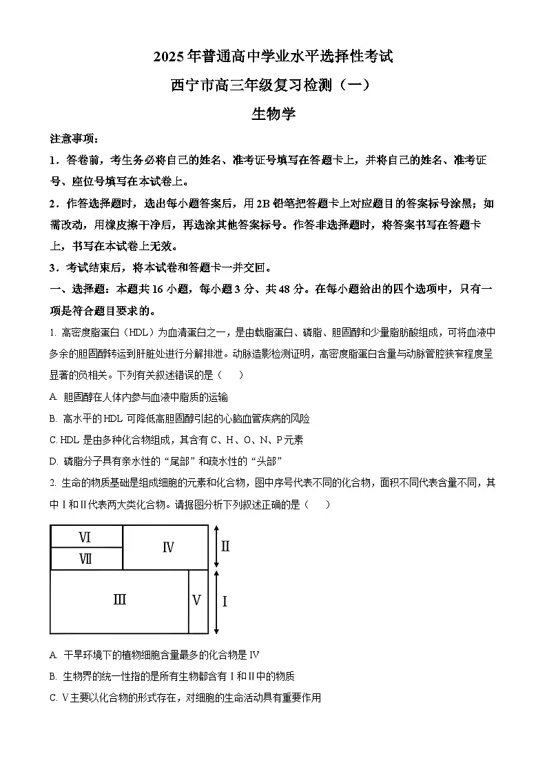 2025届青海省西宁市高三第一次模拟考试生物试题(原卷版+解析版)(高考模拟)第1页