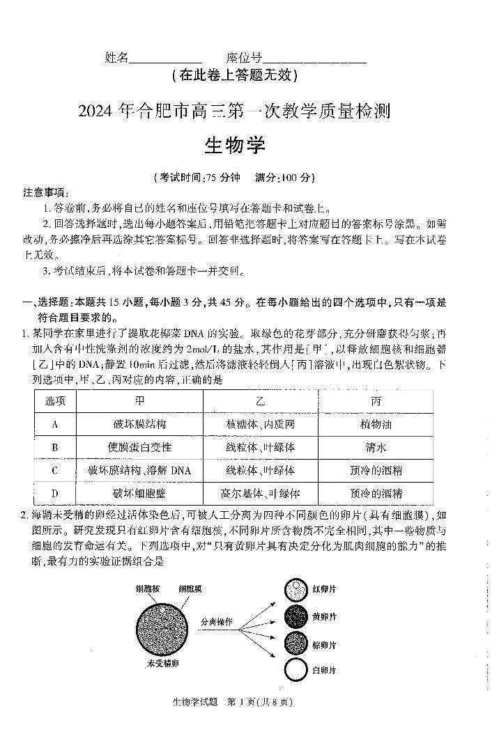 2024届安徽省合肥市高三一模生物试卷(含答案)第1页
