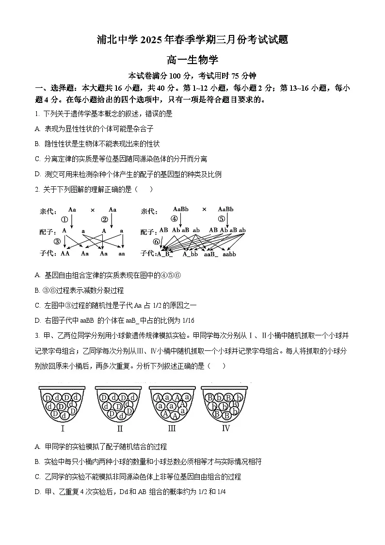 广西钦州市浦北中学2024-2025学年高一下学期3月检测生物试题(原卷版+解析版)第1页