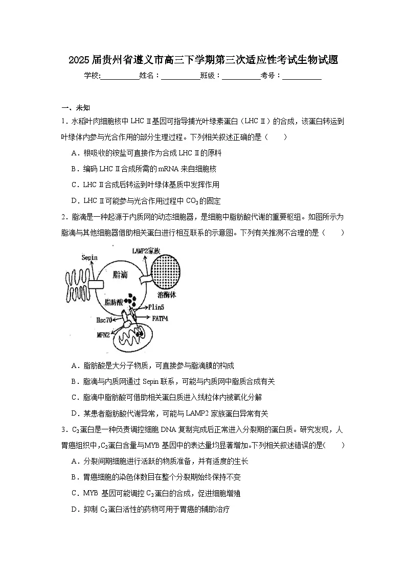 2025届贵州省遵义市高三下学期第三次适应性考试生物试题(无答案)第1页