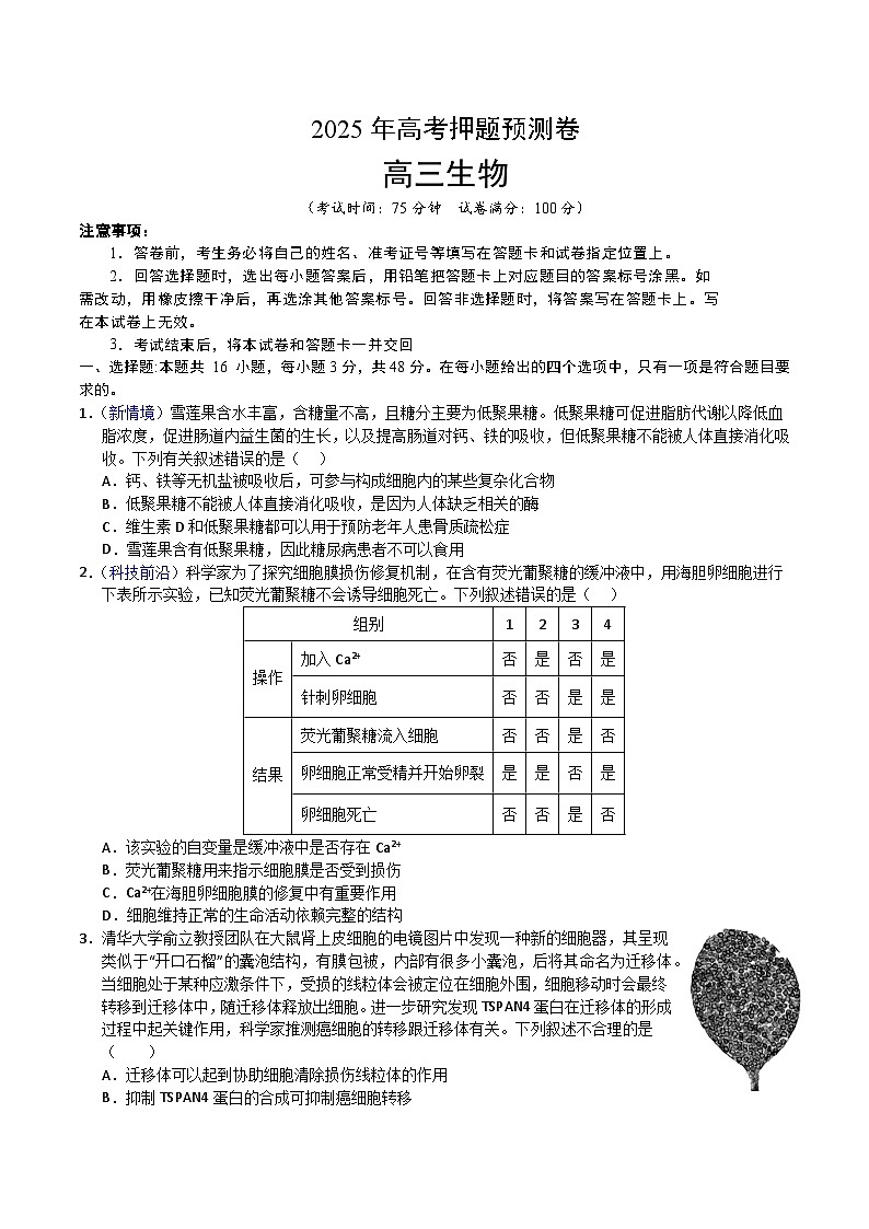 2025年高考押题预测卷:生物(云南卷01)(考试版)第1页