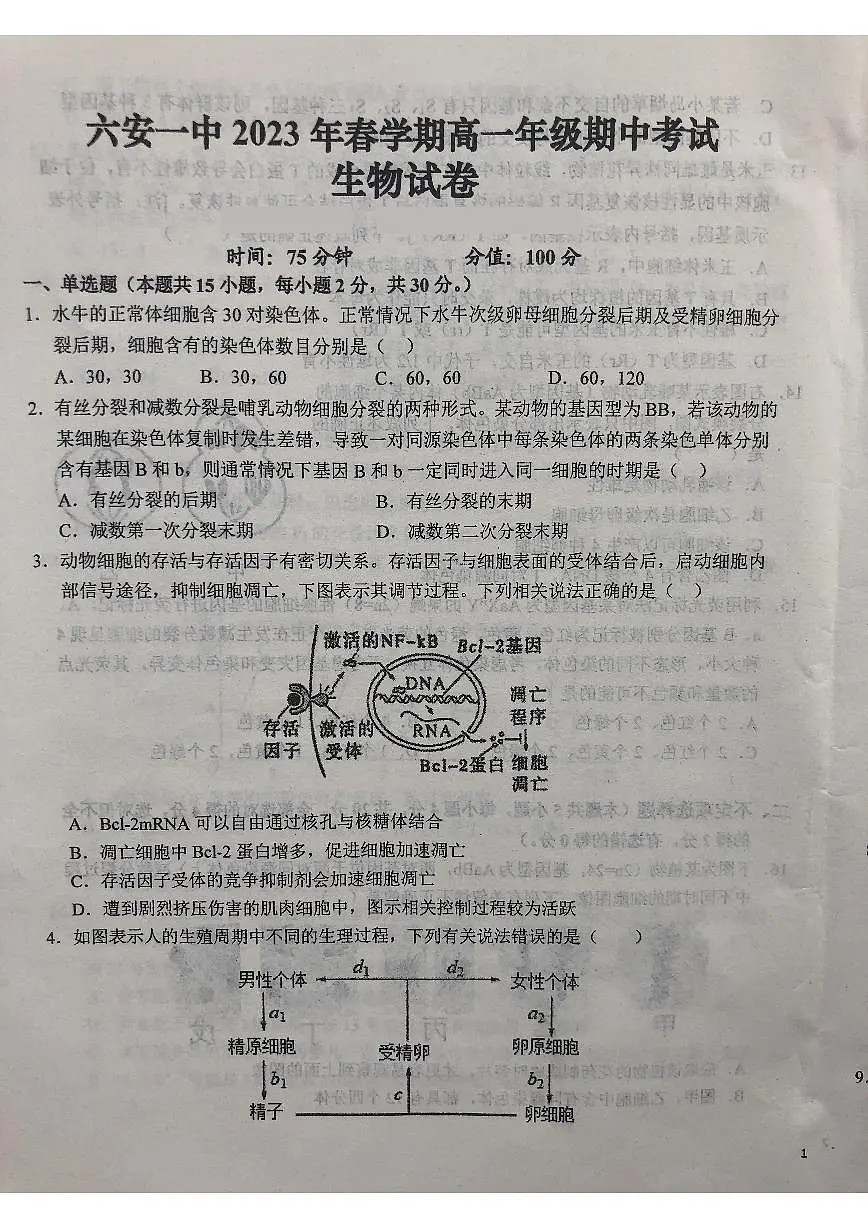 安徽省六安第一中学2022-2023学年高一下学期期中考试生物试卷(含答案)第1页