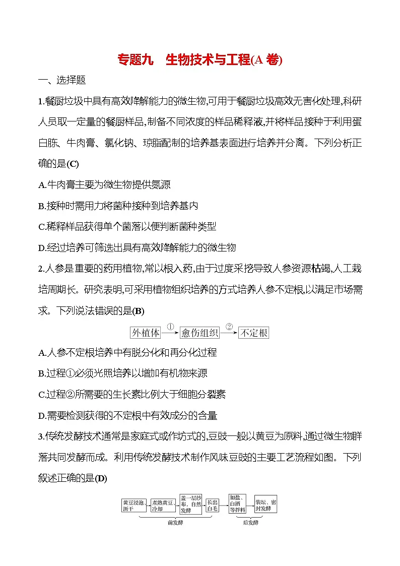 2025版高考生物热点题型与考点专练专题九生物技术与工程(A卷)试题(Word版附答案)第1页
