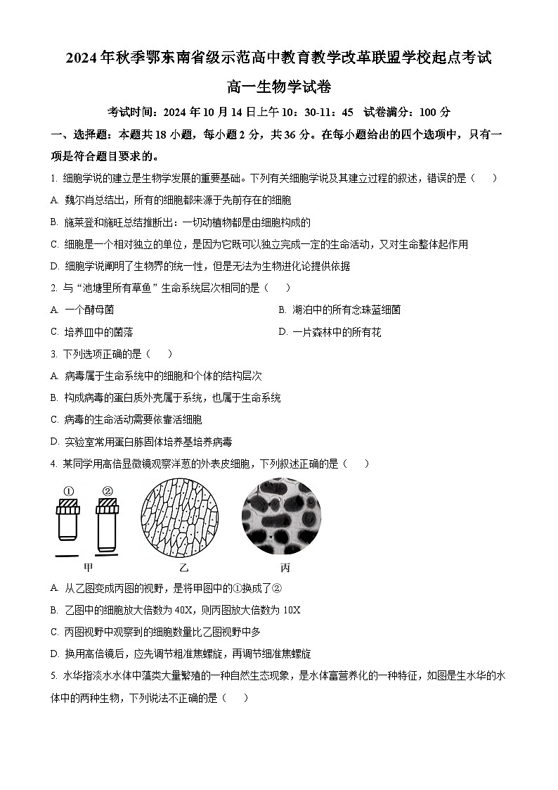 湖北省鄂东南省级示范高中2024-2025学年高一上学期起点考试生物试题(含答案)第1页