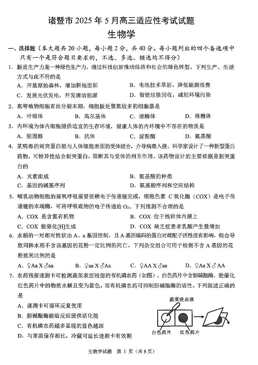 浙江省诸暨市2025年高三高考模拟适应性考试-生物试题+答案第1页