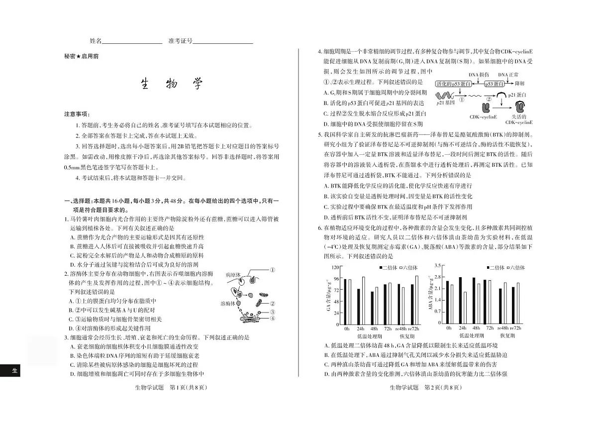 2025年高考考前适应性测试(押题卷) 试题 生物学第1页