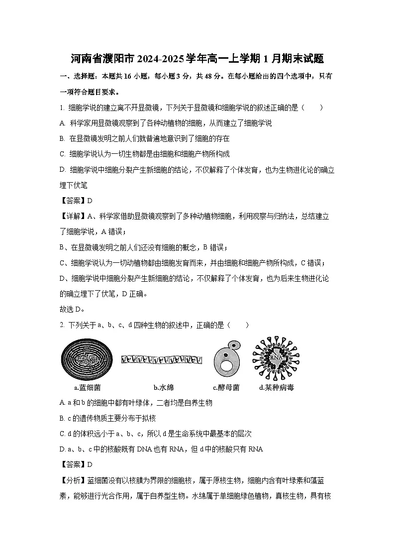 河南省濮阳市2024-2025学年高一上学期1月期末生物试题(解析版)第1页