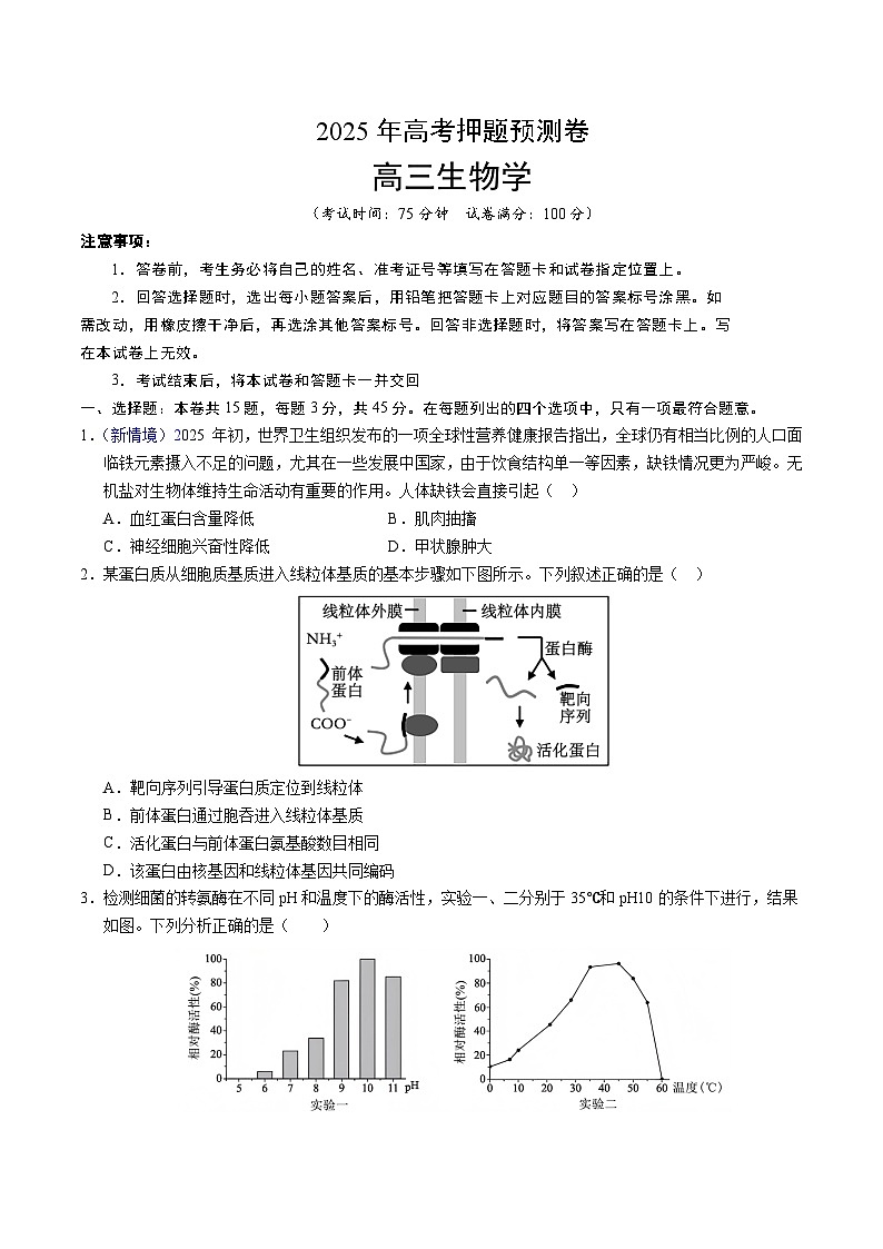 2025年高考押题预测卷:生物(重庆卷01)(考试版)第1页