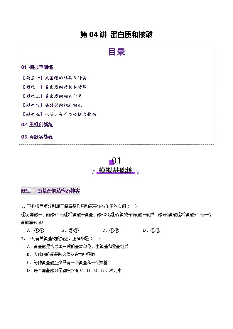 高考生物一轮复习讲练测第04讲 蛋白质和核酸(练习)(原卷版)第1页