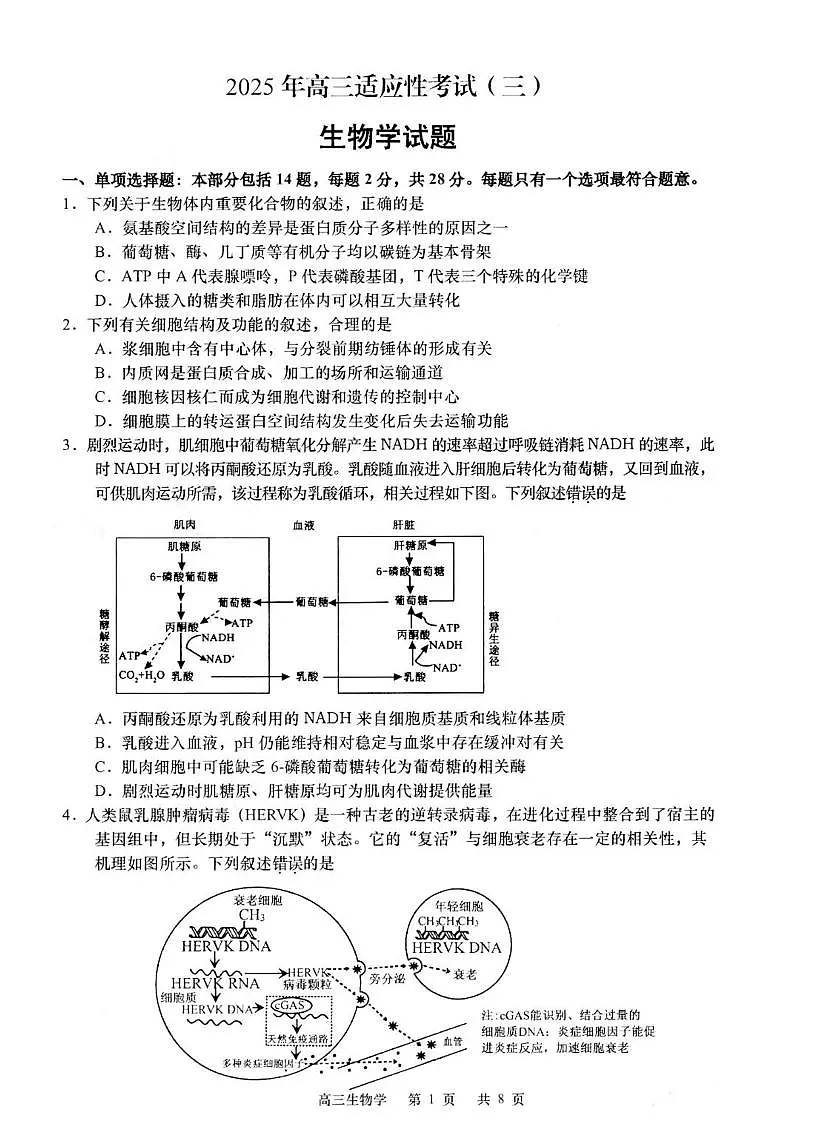 江苏省如皋市2025届高考模拟适应性考试(三)(如皋3.5模)-生物试题+答案第1页