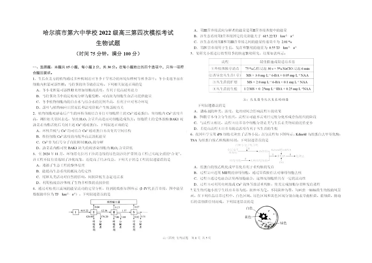 黑龙江省2024-2025哈六中高三四模生物试卷含答案第1页