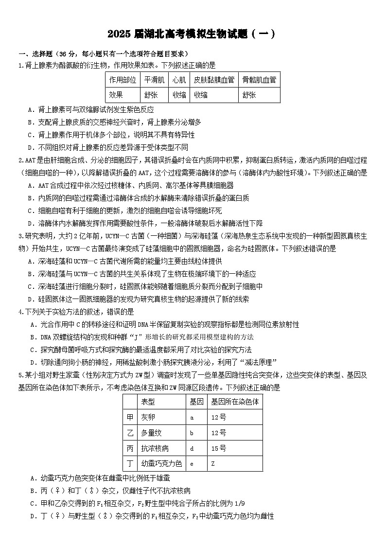 2025届湖北高考模拟生物试题(一)+(高考模拟)第1页
