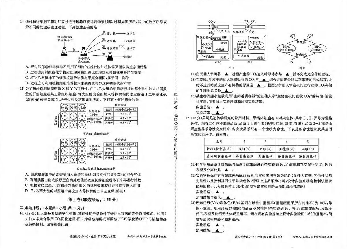 生物丨四川省成都石室中学2025届高三下学期5月适应性考试(一)试卷及答案第3页