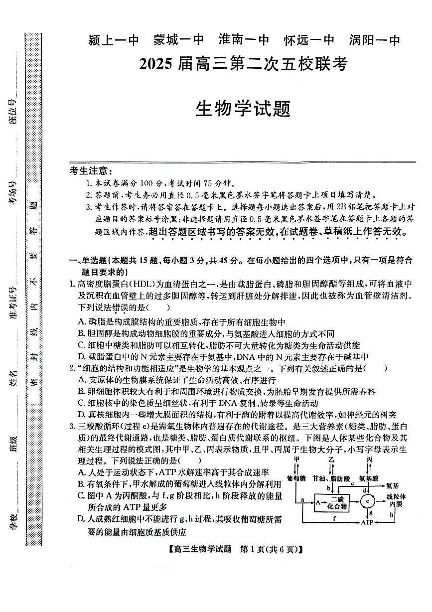 安徽省五校联考2025届高三下学期5月第二次联考试题 生物 PDF版含答案第1页