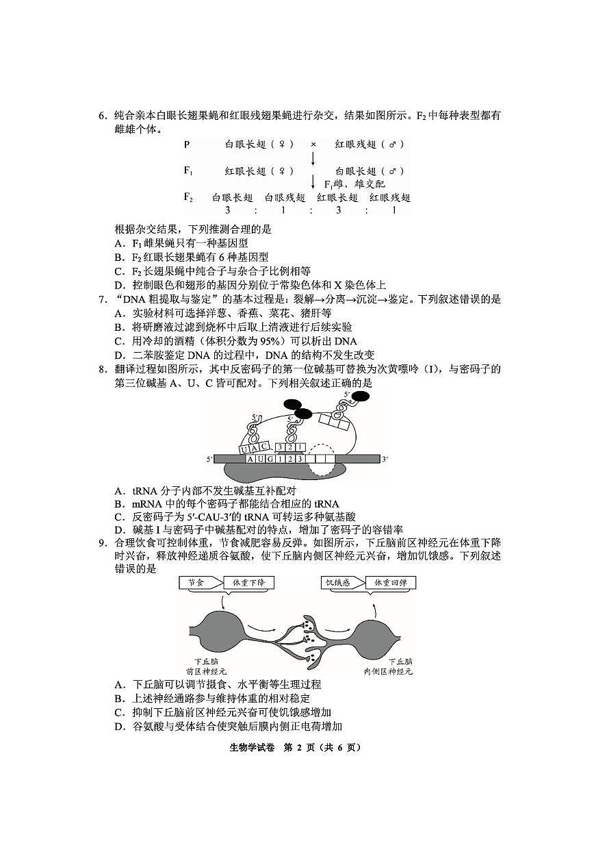 贵州省毕节市2025届高三下学期第四次适应性考试 生物 PDF版含答案第2页