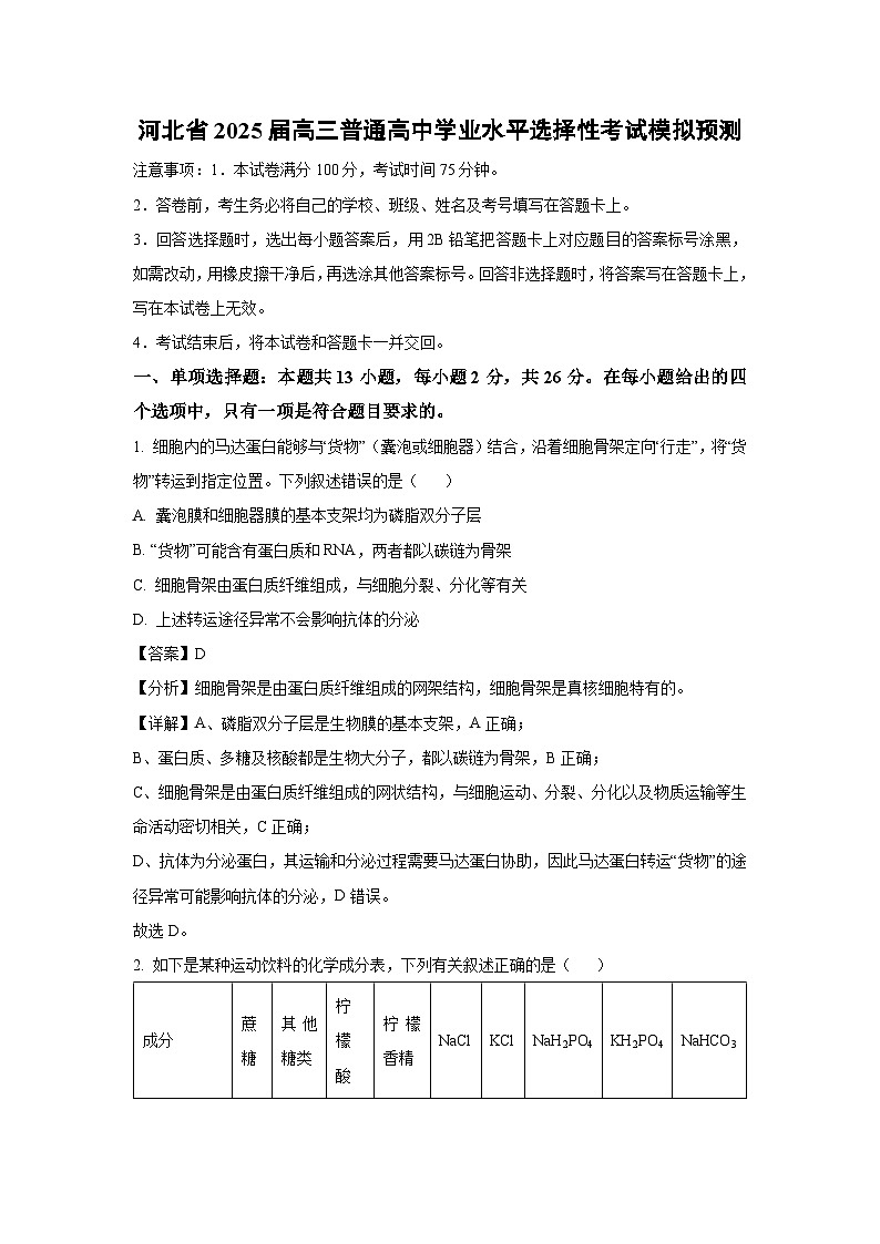 河北省2025届高三普通高中学业水平选择性考试模拟预测生物试卷 (解析版)第1页