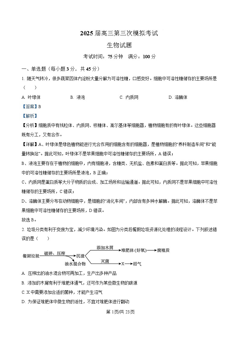 四川省眉山中学校2024—2025学年高三下学期第三次模拟考试生物试题 Word版含解析第1页