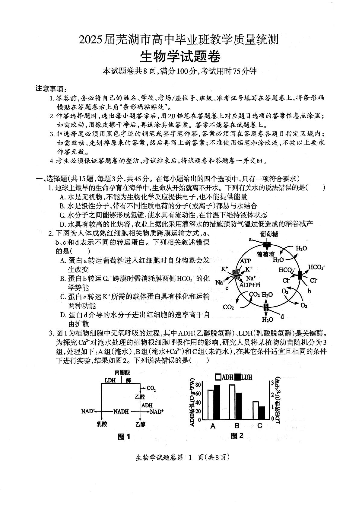 安徽省芜湖市2025届高三下学期5月二模试题 生物 PDF版含答案第1页