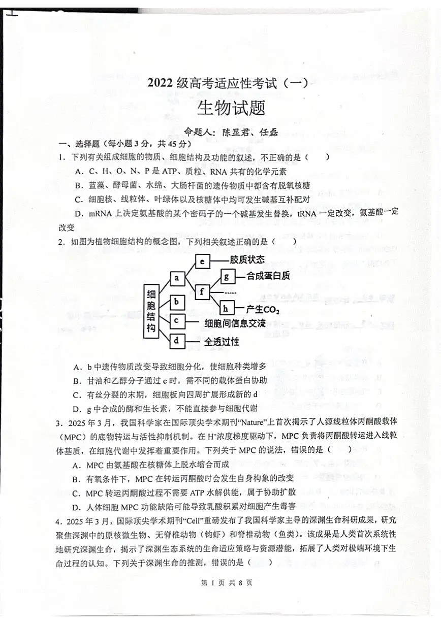 四川省绵阳中学2025届高考适应性模拟考试(一)-生物试卷+答案第1页