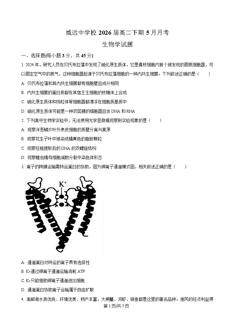 四川省内江市威远中学2024-2025学年高二下学期5月月考生物试题(原卷版)第1页
