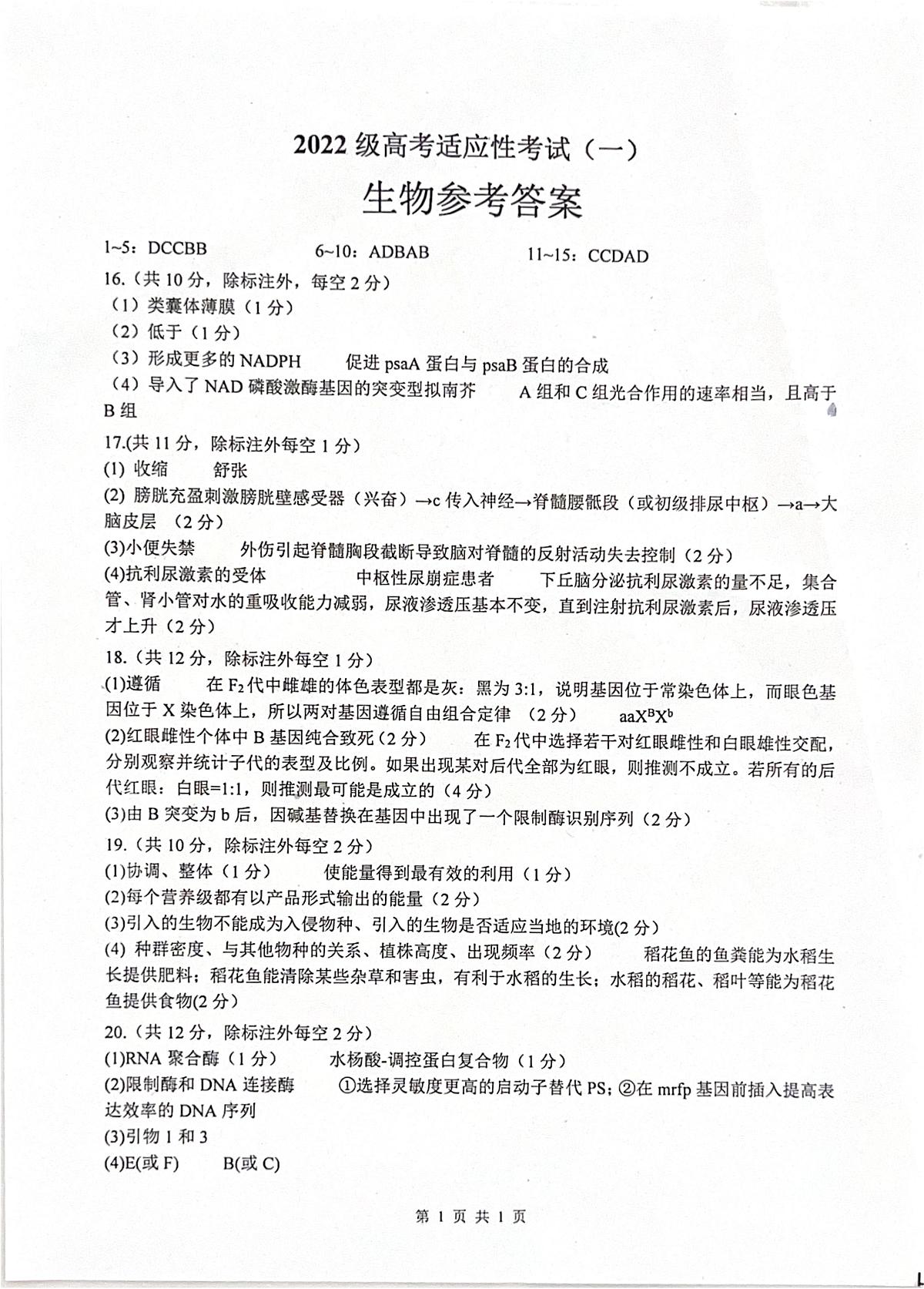 2025届四川省绵阳市涪城区绵阳中学高三下学期适应性考试(一)生物试题答案第1页