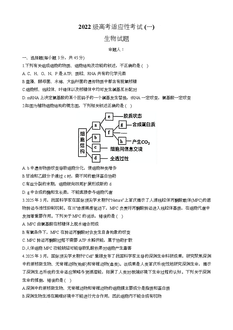 2025届四川省绵阳市涪城区绵阳中学高三下学期适应性考试(一)生物试题第1页