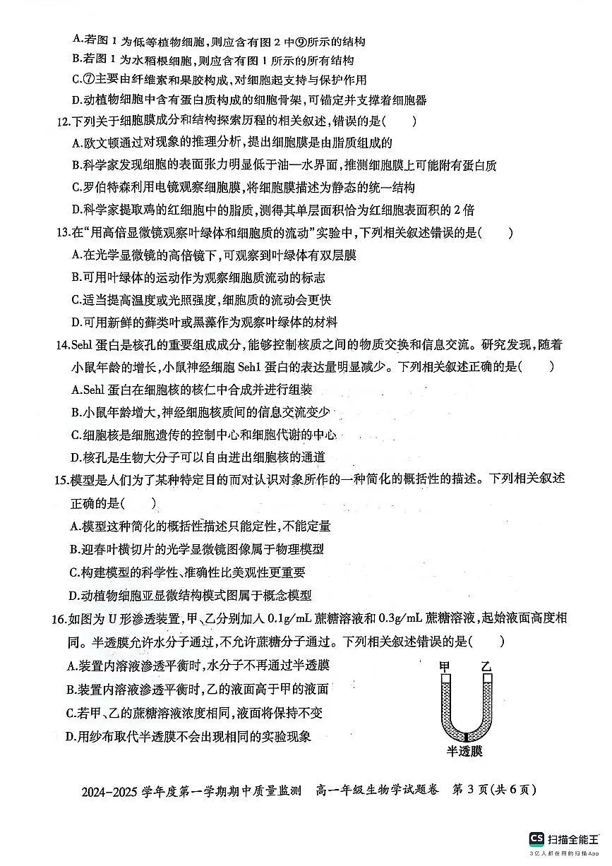 贵州省六盘水市2024—2025学年高一上学期期中考试生物试题第3页