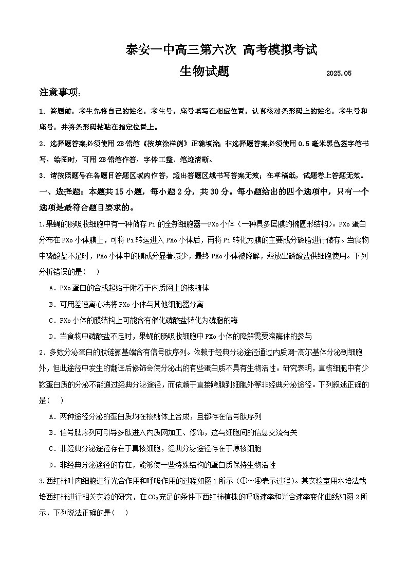 2025届山东省泰安第一中学高三下学期第六次模拟生物试题(高考模拟)第1页