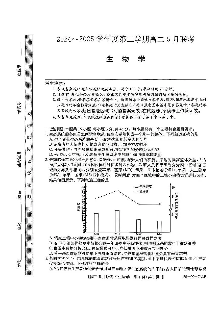 安徽省县中联盟2024-2025学年高二下学期5月联考生物试题第1页