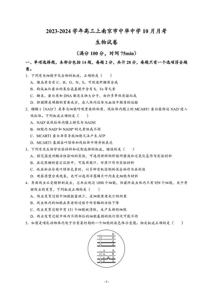 2023-2024学年高三上学期南京市中华中学10月月考生物试卷【学生版】第1页