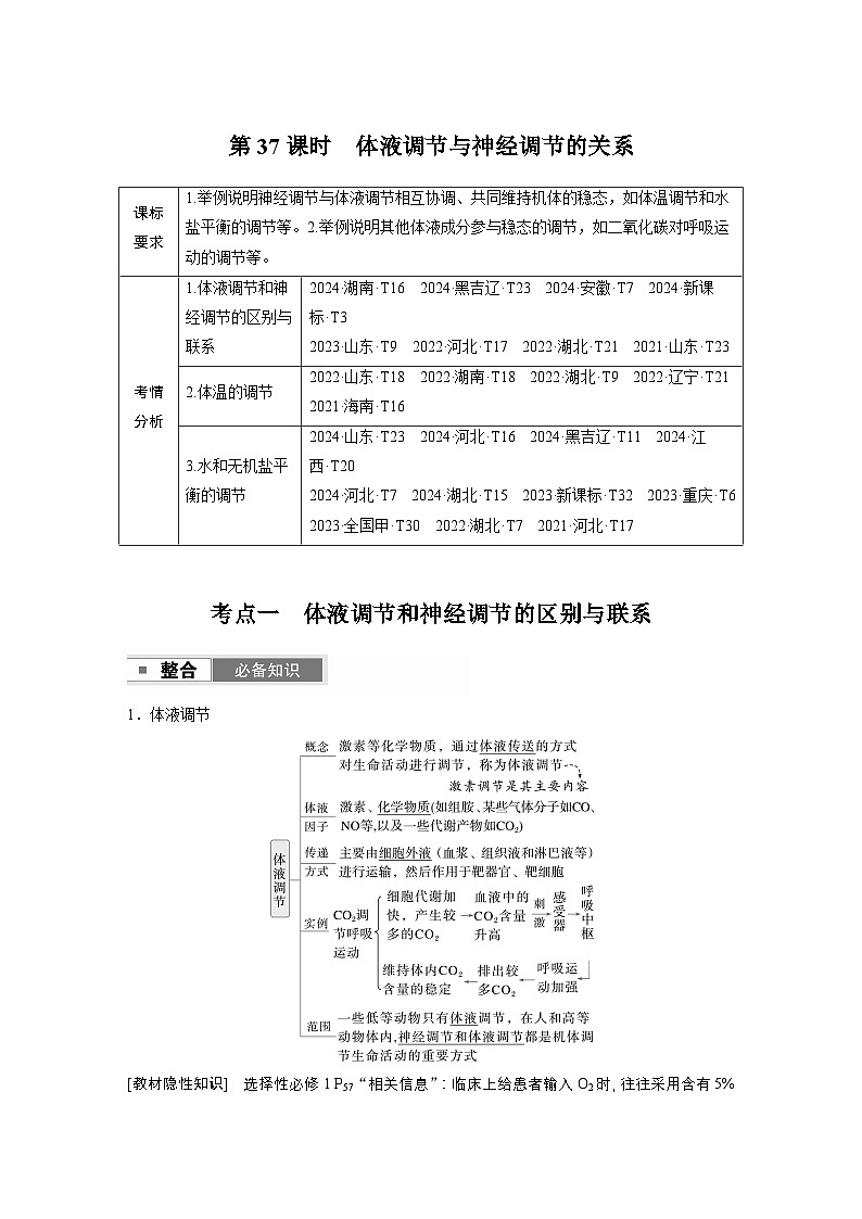 第八单元 第37课时 体液调节与神经调节的关系(教师版)第1页