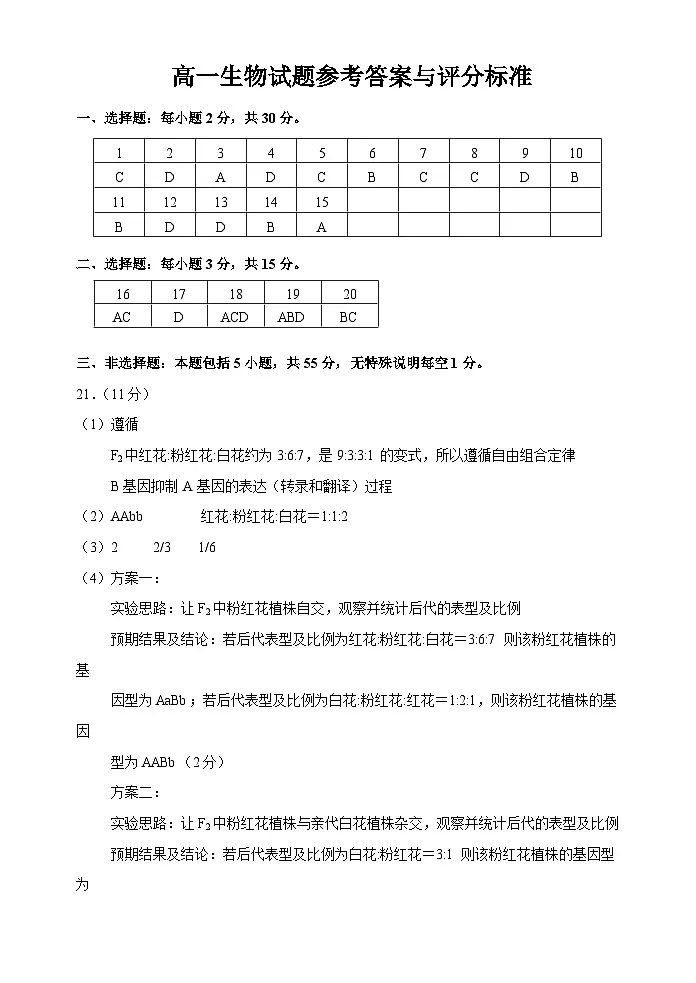 高一生物答案定稿6.22第1页