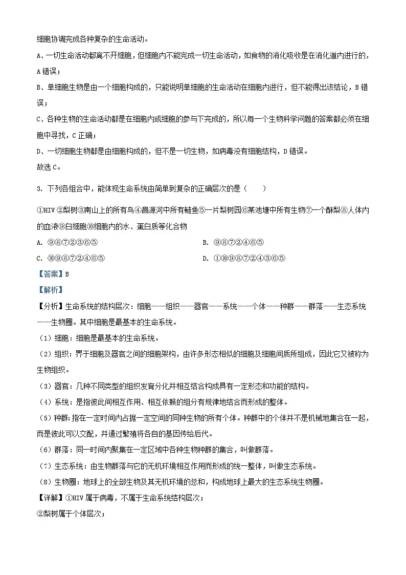 北京市2023_2024学年高一生物10月月考试含解析第2页