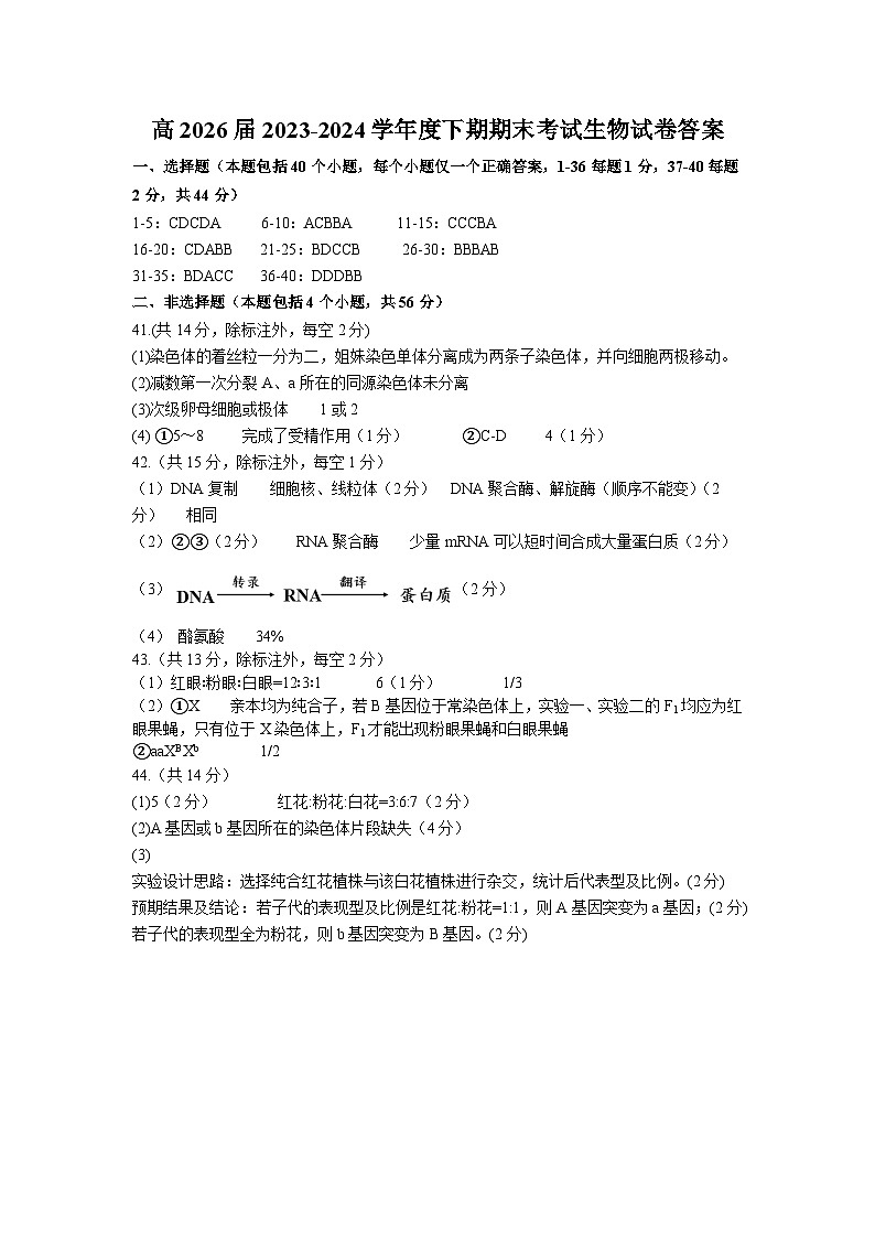 高2026届高一下期期末考试生物试题答案第1页
