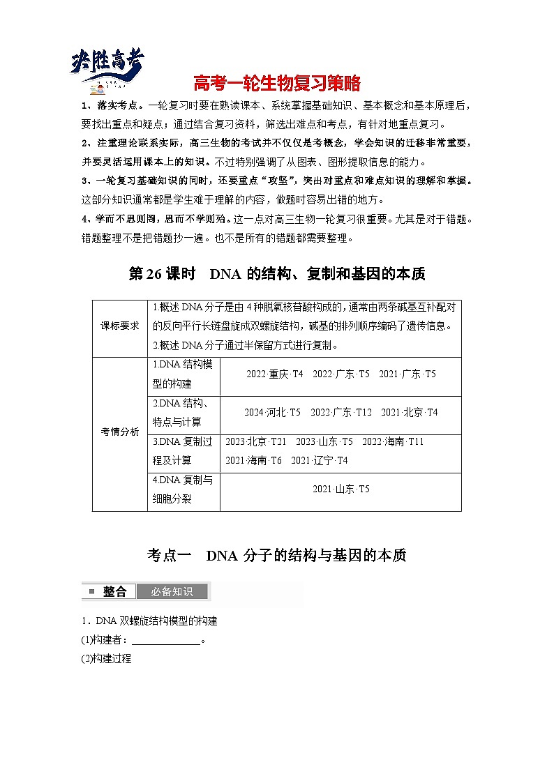 第六單元　第26課時(shí)　DNA的結(jié)構(gòu)、復(fù)制和基因的本質(zhì)（學(xué)生版）第1頁