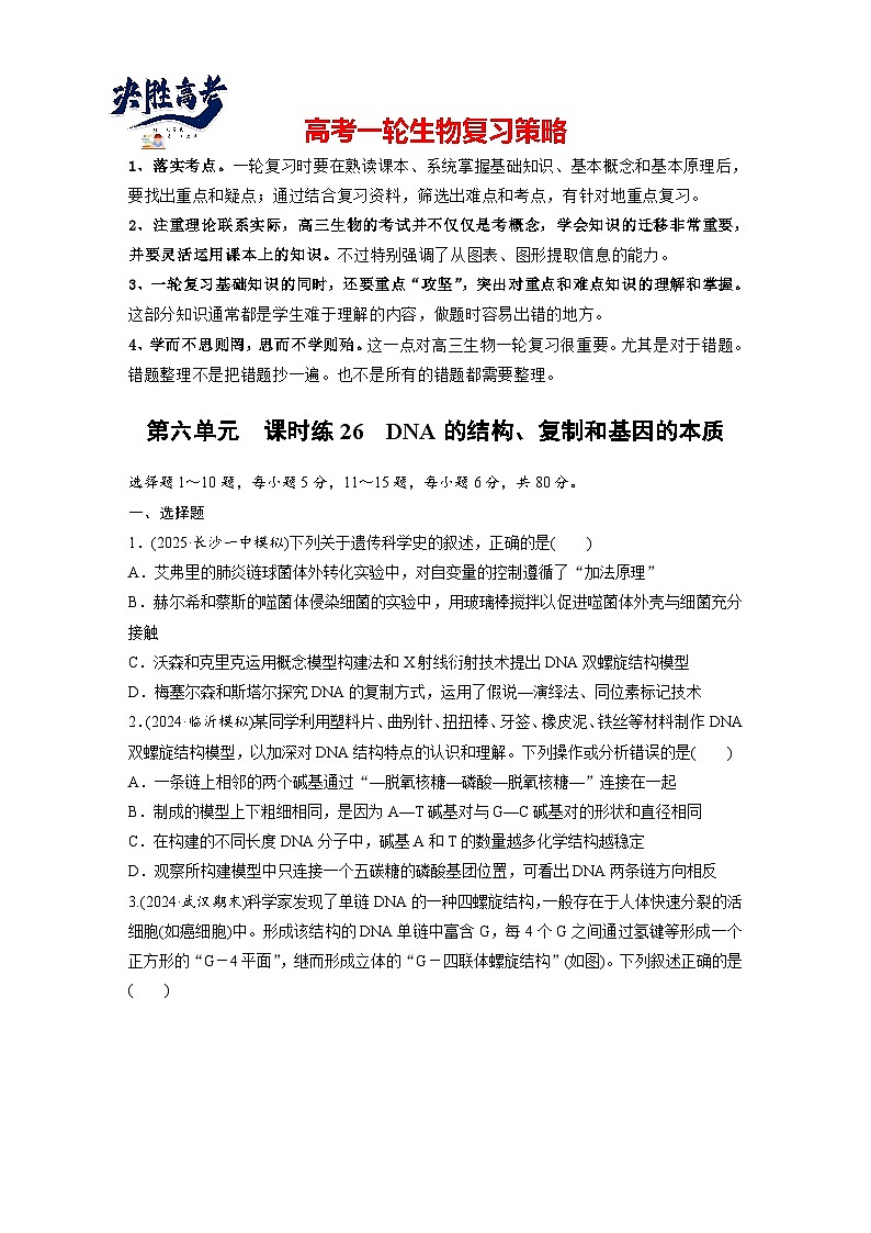 第六單元　課時(shí)練26　DNA的結(jié)構(gòu)、復(fù)制和基因的本質(zhì)（專練）第1頁