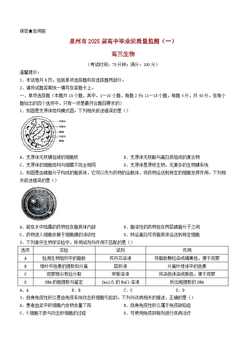 福建省泉州市2024_2025学年高三生物上学期8月开学考试第1页