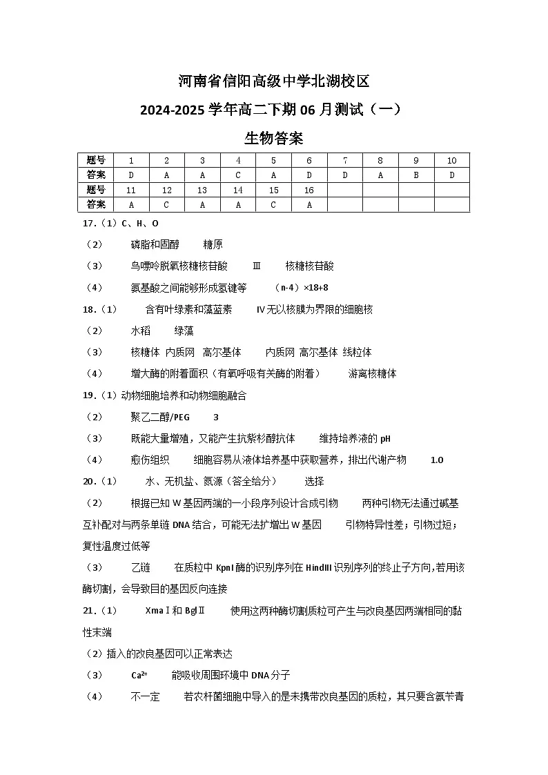 河南省信阳高级中学北湖校区2024-2025学年高二下期06月测试(一)生物答案第1页