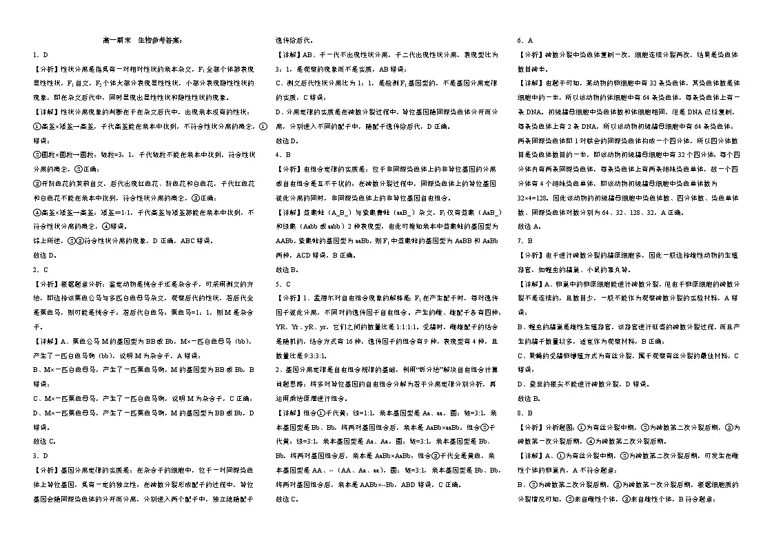 高一期末试卷 答案第1页