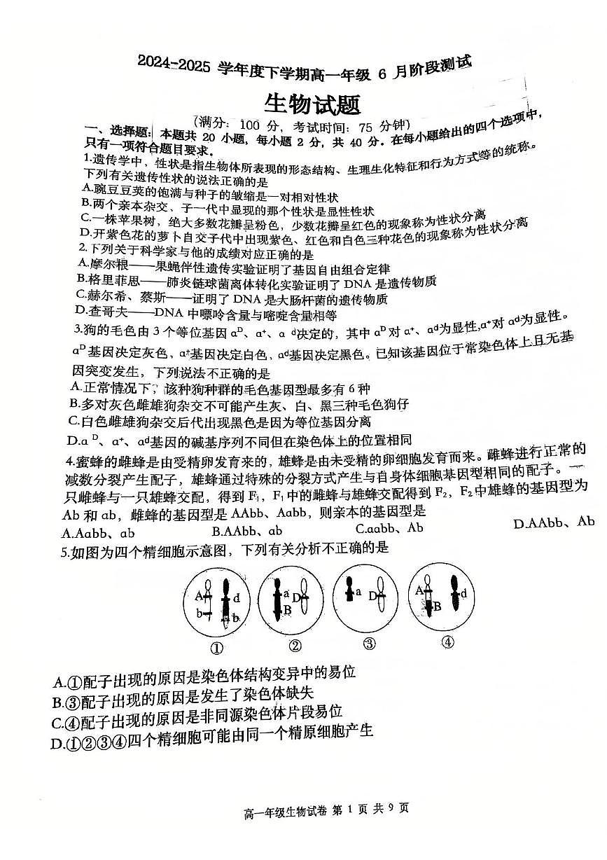 辽宁省大连市沙河口区大连市第八中学2024-2025学年高一下学期6月月考生物试题第1页