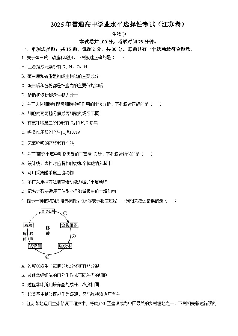 2025年高考真题——生物(江苏卷) Word版无答案第1页