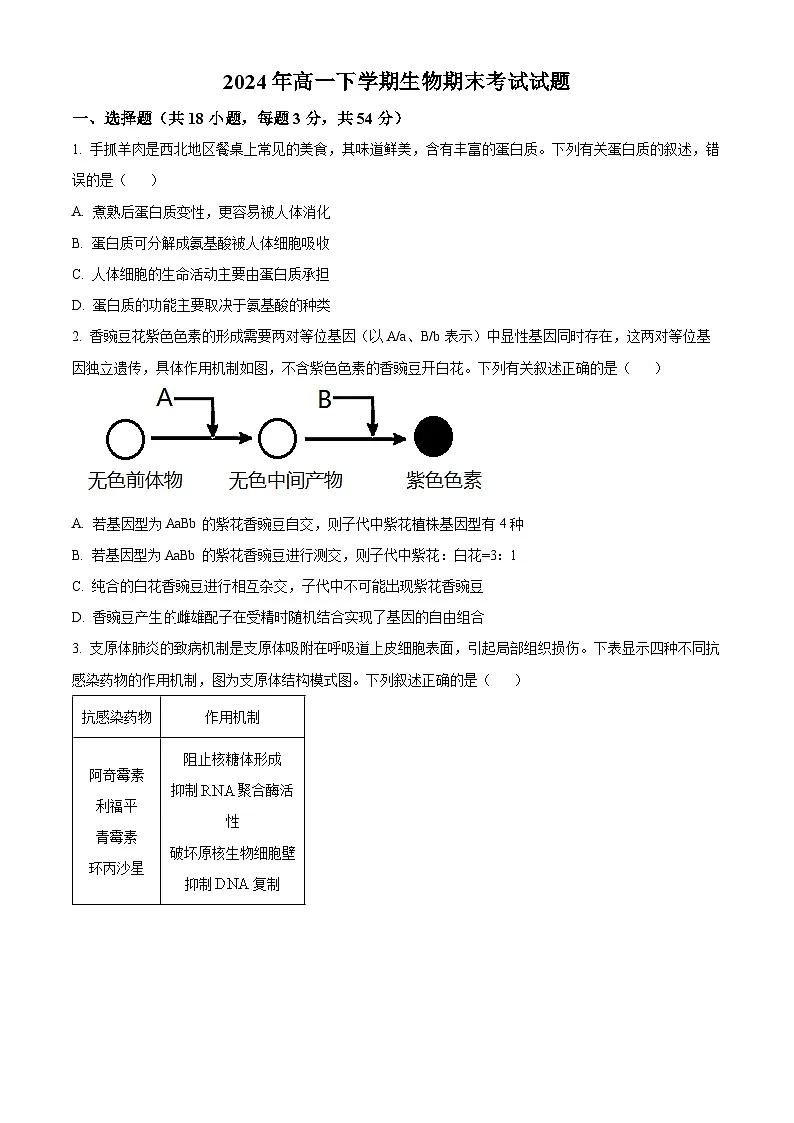 精品解析:湖南省汨罗市第一中学2023-2024学年高一下学期期末考试生物试题(原卷版)第1页