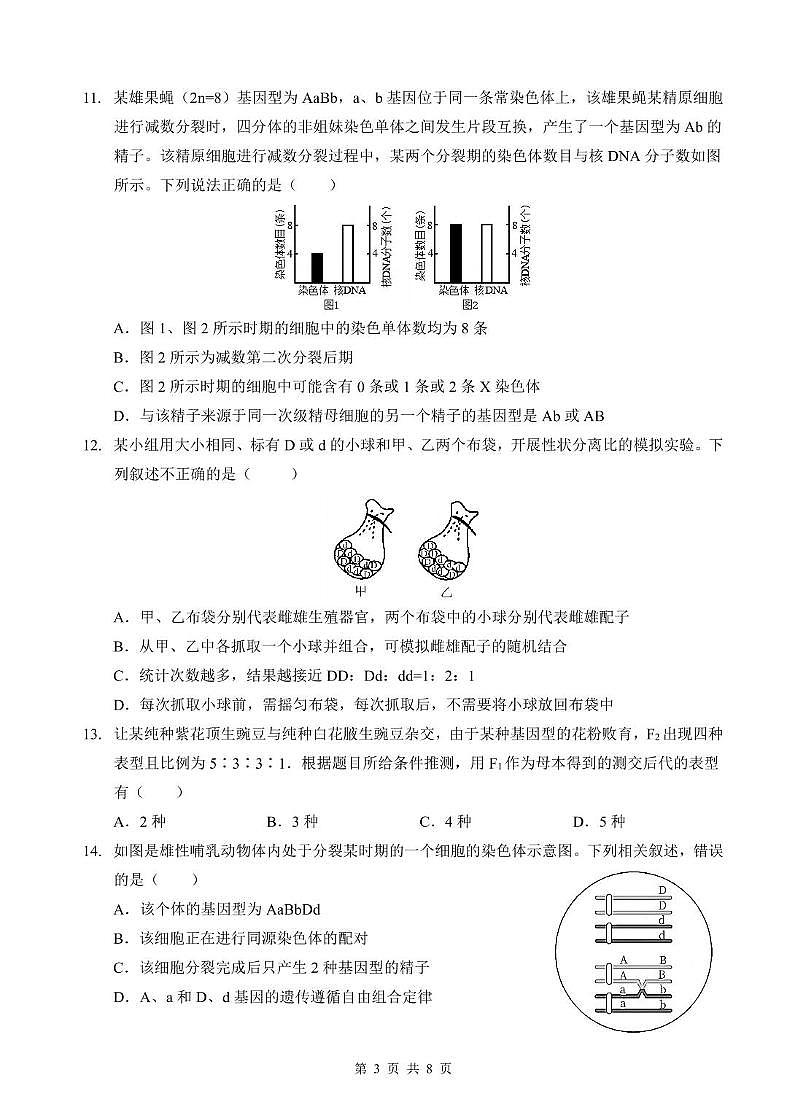 湖北省武汉市部分学校2023-2024学年高一下学期4月期中生物试卷第3页