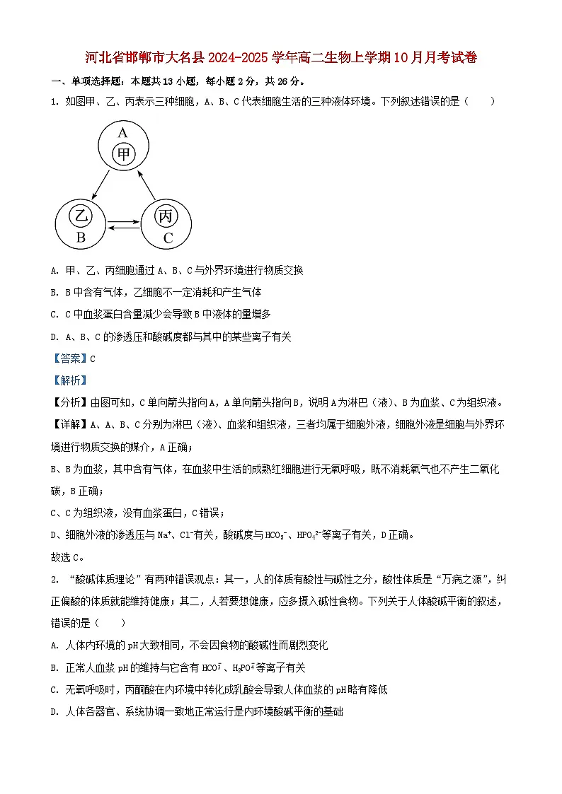 河北省邯郸市大名县2024_2025学年高二生物上学期10月月考试卷含解析第1页