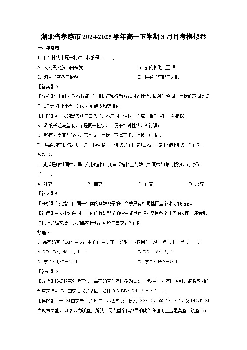 湖北省孝感市2024-2025学年高一下学期3月月考模拟卷生物试卷(解析版)第1页